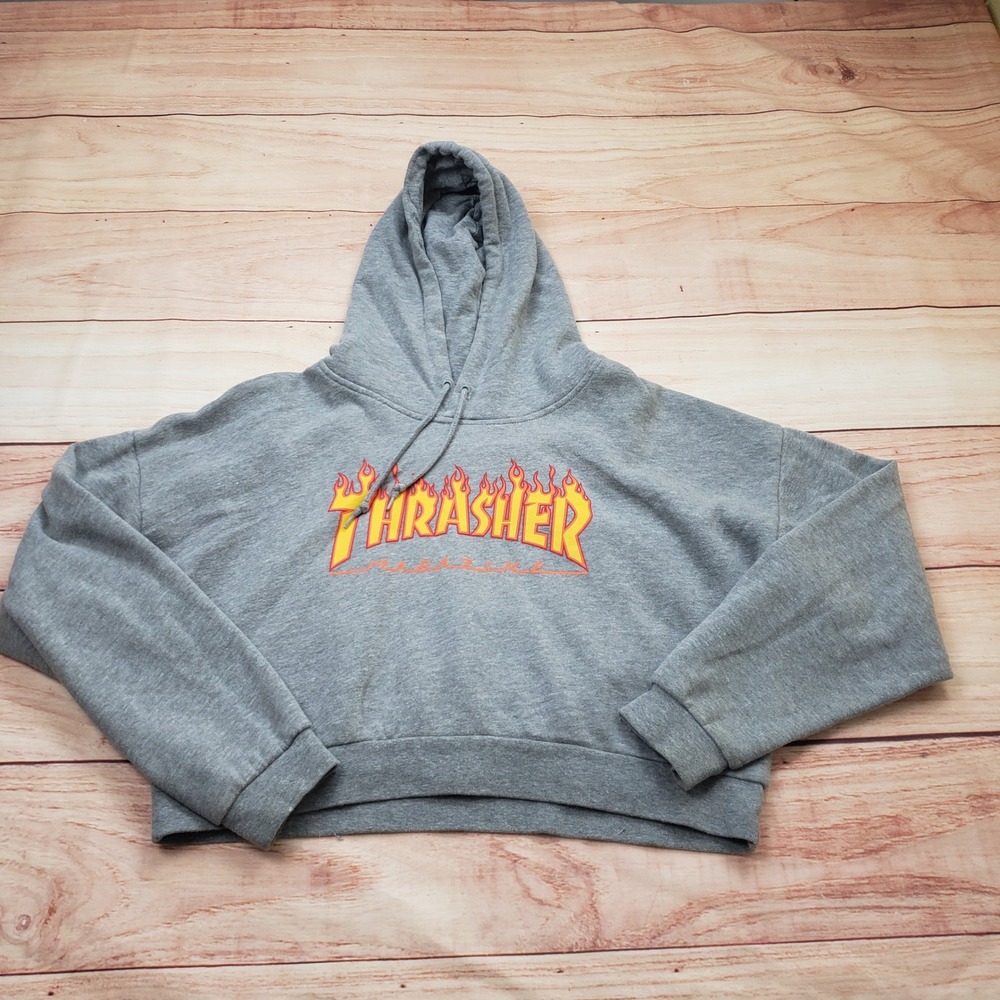 Thrasher Flame Hoodie Women Small Gray Crop Skateboard Streetwear Sweatshirt